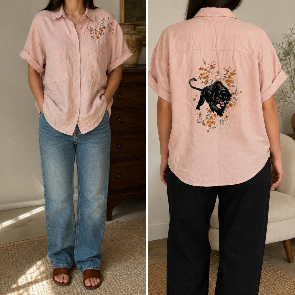 Topshop Women's Button Up Top US 2 Pink Linen Blend Embroidered Panther Floral